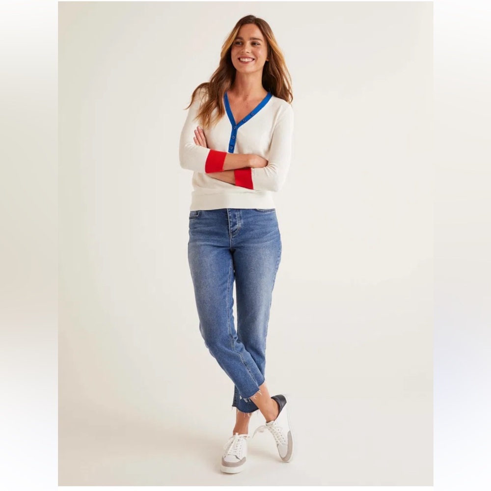 Boden winter white red blue 3/4 sleeves cotton wool fitted deep vneck 2 sweater - Picture 15 of 15